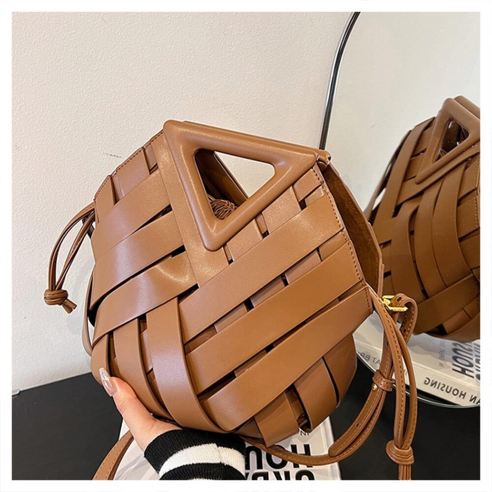5830 Vegan Leather Clutch Purses Woven Bucket Crossbody Shoulder Bag - Picture 5 of 8